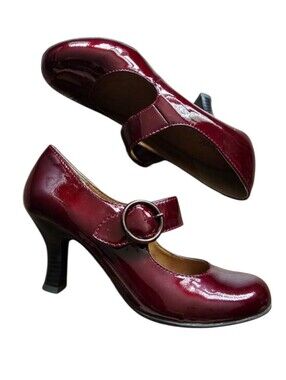 Patent Mary Jane Heels in Burgundy with Buckle Strap